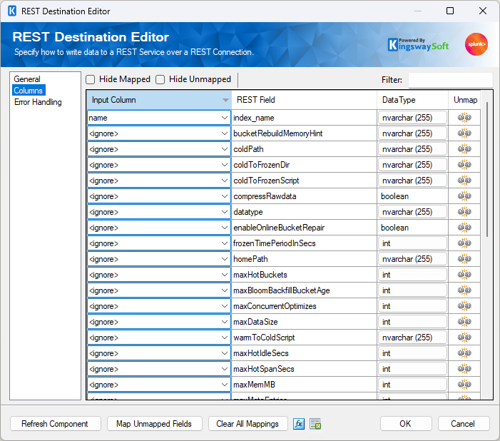 Splunk Destination Component - Columns